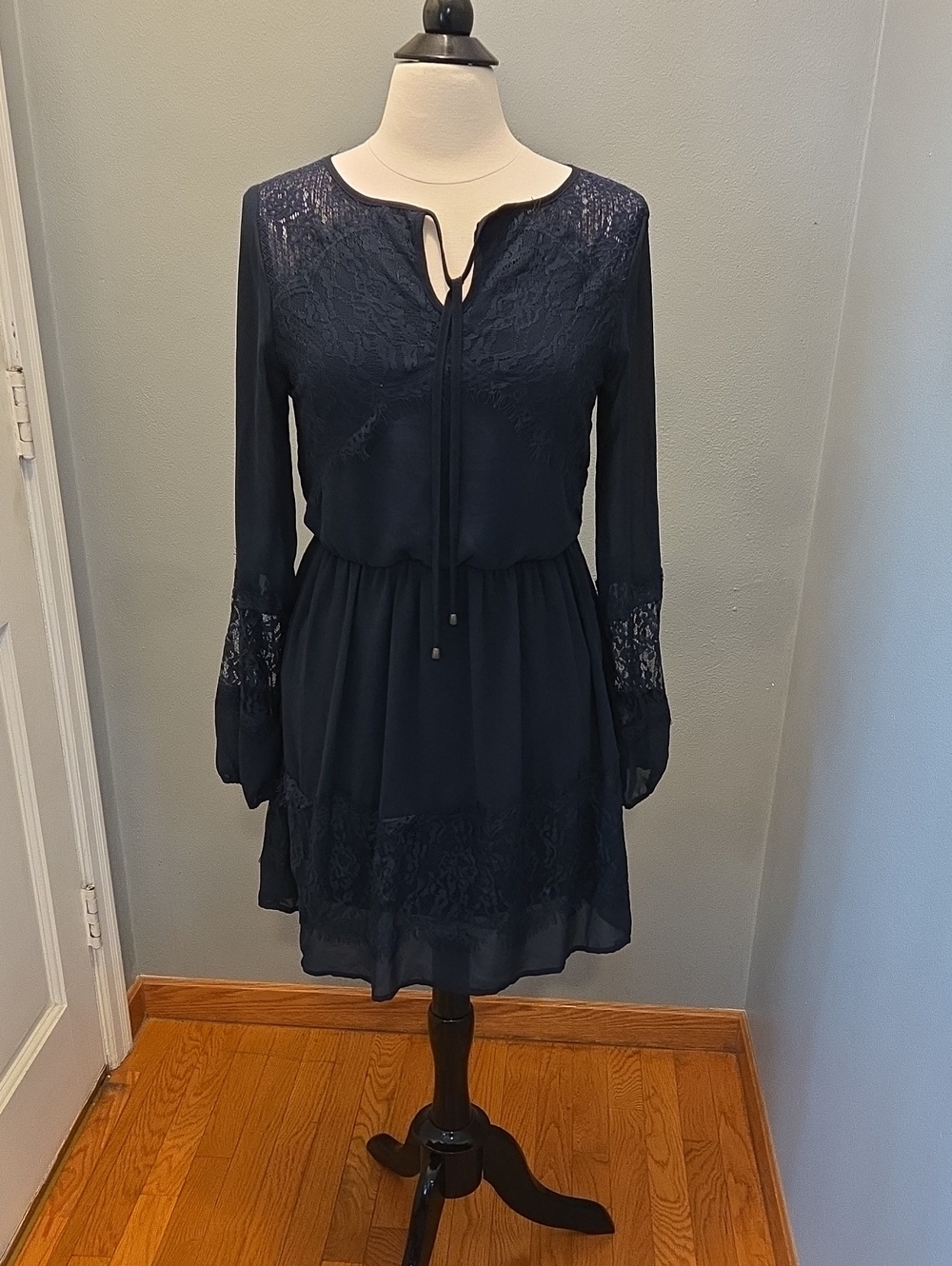 Xhilaration Navy Lace Long-Sleeve Tie-Front Dress